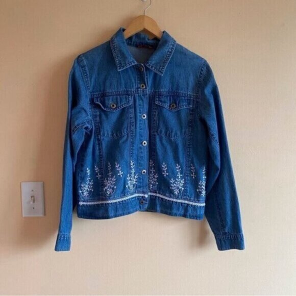 Vintage Agapo Denim Jacket Woman Small 100% Cotton Floral Embroidery Coquette - Picture 2 of 11